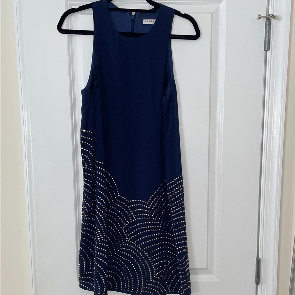 Trina Turk Navy Shift Cocktail Dress with gold embellishment - Picture 2 of 10